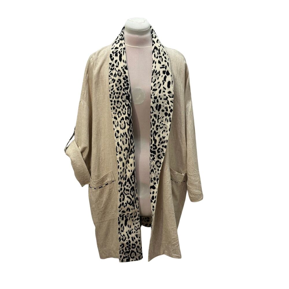 UMGEE Oatmeal Linen Blend Leopard Print Open Front Roll Tab Robe Kimono LARGE